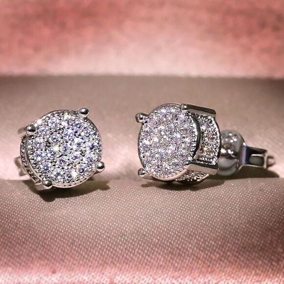 #40 White Gold/ 925 Round Diamond Micro Pave Stud Earrings - Picture 2 of 5